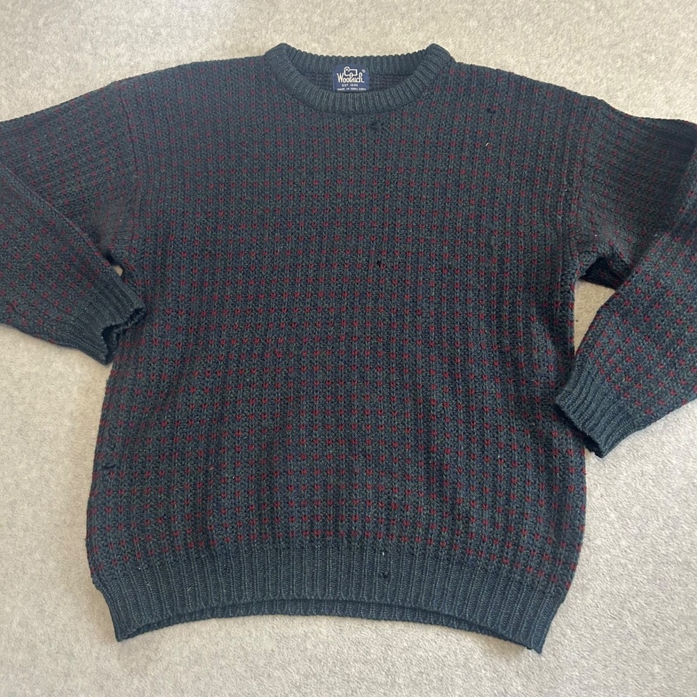 Woolrich Sweater Mens Large L Blue‎ Red Wool Birdseye Knit Vintage Holes